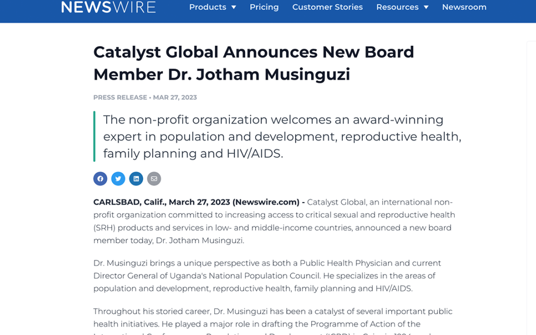 Catalyst Global Announces New Board Member Dr. Jotham Musinguzi